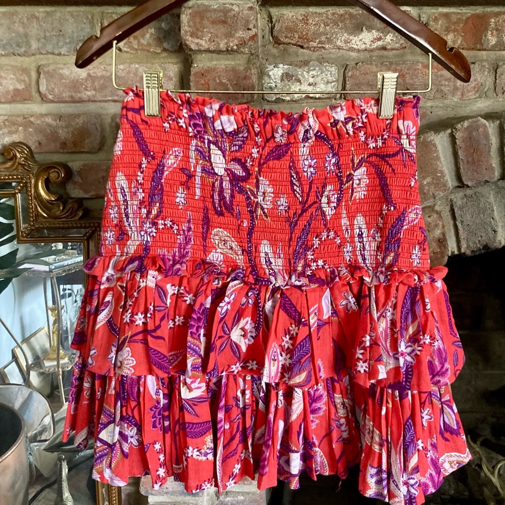 SUNDRY Red & Purple Floral Tiered Ruffle Mini Skirt Cottagecore Boho Festival - Picture 11 of 14